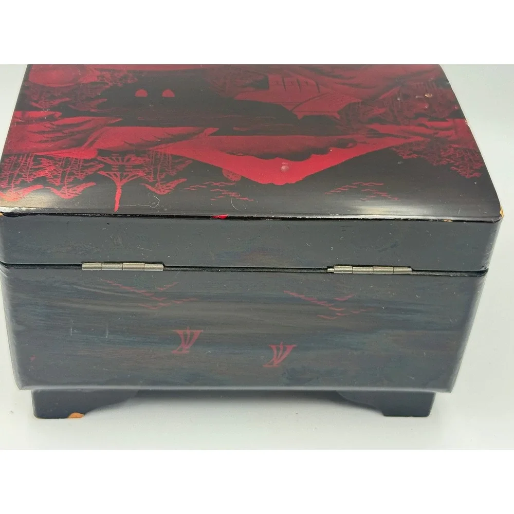 Vintage Japanese Black Red Lacquer Jewelry‎ & Music Box Mount Fuji Pagoda Footed